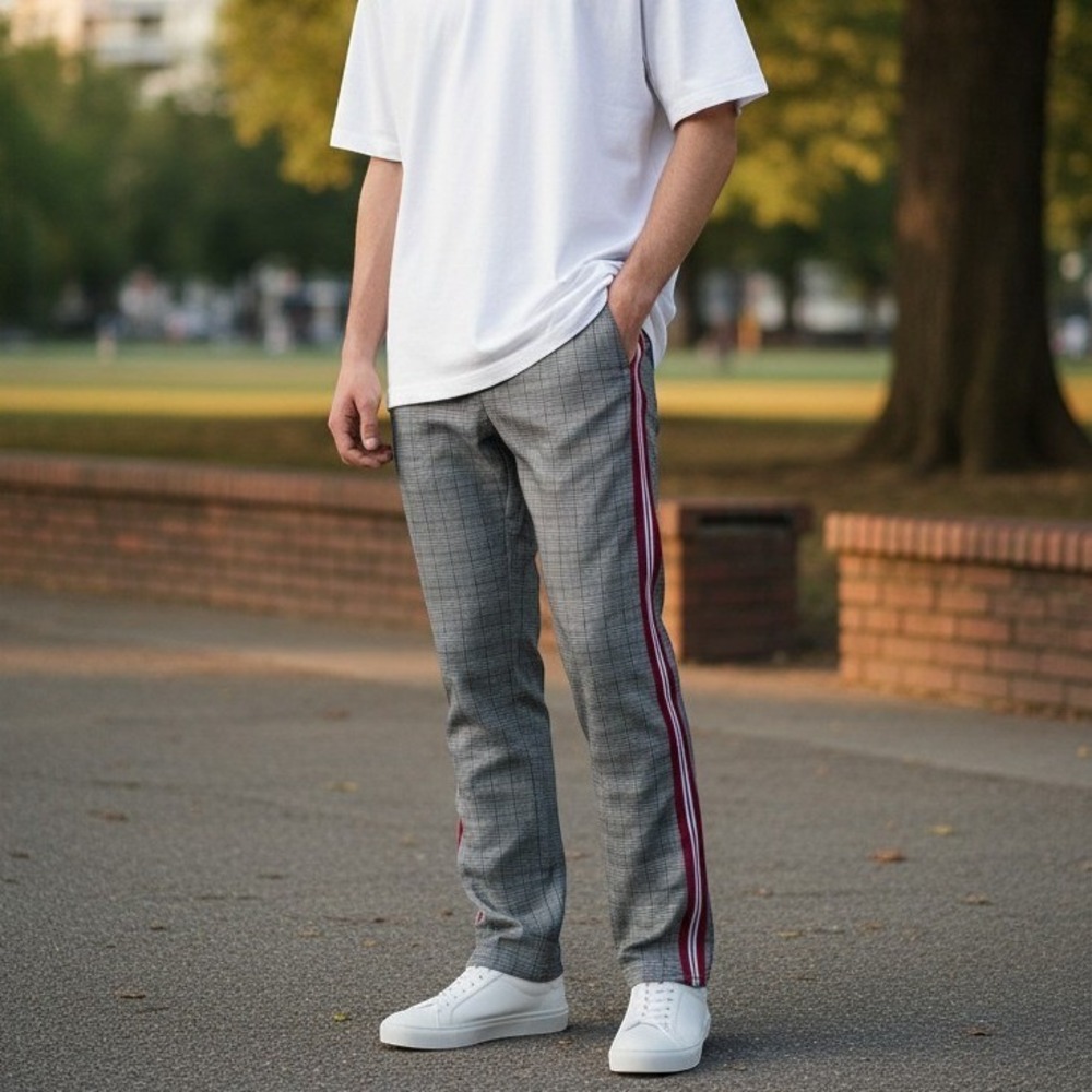 Highland Plaid Pants Men 32W Grey Red Side Stripe Regular Fit Streetwear Pants